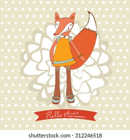 Hello autumn elegant card with cute fox character. vector illustration