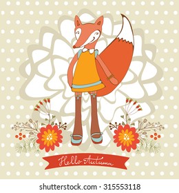 Hello autumn elegant card with cute fox character. Vector illustration