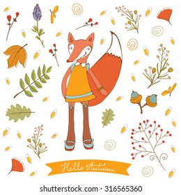 Hello autumn elegant card with cute fox character. Vector illustration