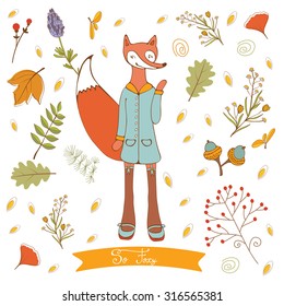 Hello autumn elegant card with cute fox character and autumn foliage. Vector illustration