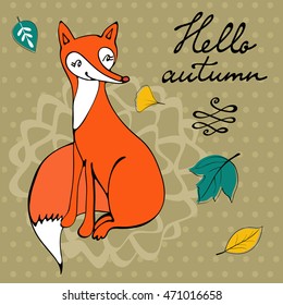 Hello autumn elegant card with cute fox character