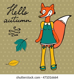 Hello autumn elegant card with cute fox character