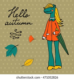 Hello autumn elegant card with cute horse character