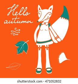 Hello autumn elegant card with cute fox character.