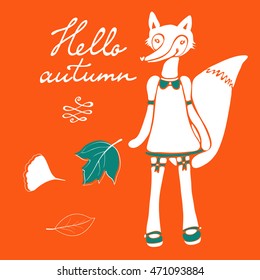Hello autumn elegant card with cute fox character.