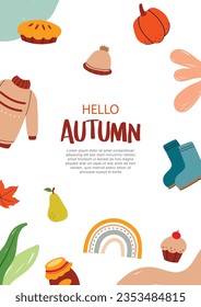 Hello autumn with element and leaves background. Autumn october hand drawn template design.