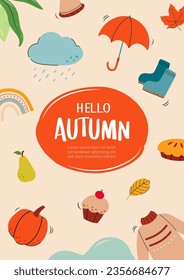 Hello autumn with element and leaves background. Autumn october hand drawn template design.