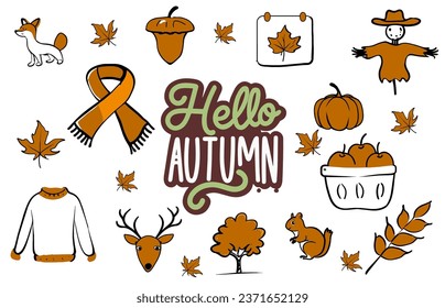 Hola elementos de otoño ilustraciones vectoriales de la temporada de otoño animales de calabaza de árboles lindos para niños 