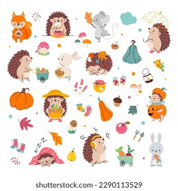 Hola elementos del otoño. champiñones, calabazas y animales. Hedgehog, conejito y zorro lindo. Tiempo de cosecha, caída acogedora hoy vibrante vector clipart