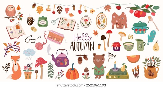 Hello Autumn elements collection with seasonal icons, animals, plants, decorative design