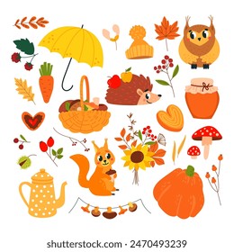 Hello autumn elements. Fall food and forest plants, cartoon owl hedgehog and squirrel. Teapot mushroom bouquet and umbrella, nature classy vector clipart