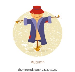 Hello autumn elements. Happy smiling scarecrow on a light background. Harvest time autumn greeting card vector.