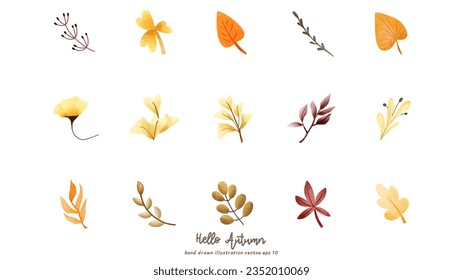 Hello Autumn elements set, hand drawing lettering in autumn season with fall  plants, flat style, isolated on white background , illustration Vector EPS 10