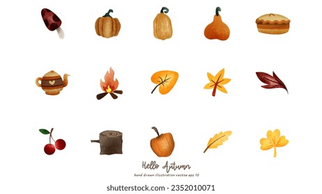 Hello Autumn elements set, hand drawing lettering in autumn season with fall  plants, flat style, isolated on white background , illustration Vector EPS 10