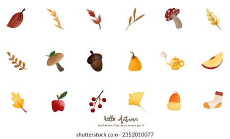 Hello Autumn elements set, hand drawing lettering in autumn season with fall  plants, flat style, isolated on white background , illustration Vector EPS 10