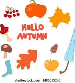 
hello autumn elements set. Autumn leaves, mushrooms, pumpkin, umbrella