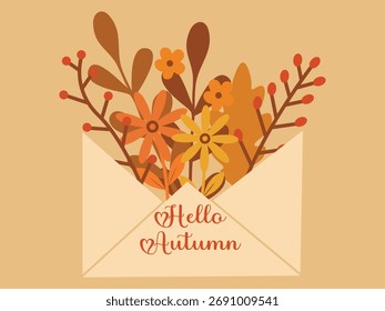 Hello Autumn Envelope with Fall Flowers and Leaves