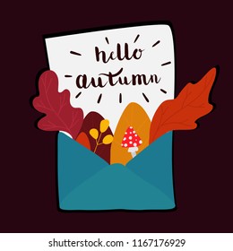  Hello autumn. Envelope with leaves. Concept  vector illustration.