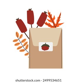 Hello autumn. Envelope with autumn leaves and cozy elements . Minimalistic hand drawn postcard. Vector illustration in flat style isolate on white background .