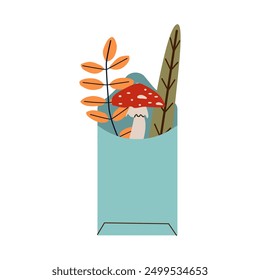 Hello autumn. Envelope with autumn leaves and cozy elements . Minimalistic hand drawn postcard. Vector illustration in flat style isolate on white background .