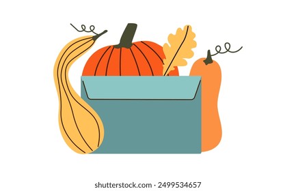 Hello autumn. Envelope with autumn leaves and cozy elements . Minimalistic hand drawn postcard. Vector illustration in flat style isolate on white background .