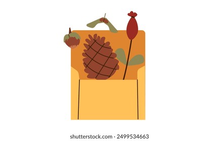 Hello autumn. Envelope with autumn leaves and cozy elements . Minimalistic hand drawn postcard. Vector illustration in flat style isolate on white background .