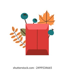 Hello autumn. Envelope with autumn leaves and cozy elements . Minimalistic hand drawn postcard. Vector illustration in flat style isolate on white background .