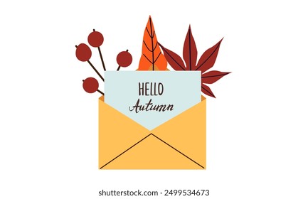 Hello autumn. Envelope with autumn leaves and cozy elements . Minimalistic hand drawn postcard. Vector illustration in flat style isolate on white background .