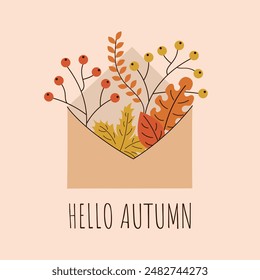 Hallo Herbst. Briefumschlag mit Herbstlaub. Minimalistische handgezeichnete Postkarte. Vektorillustration.