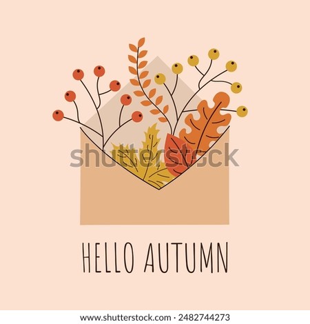 Hello autumn. Envelope with autumn leaves. Minimalistic hand drawn postcard. Vector illustration.