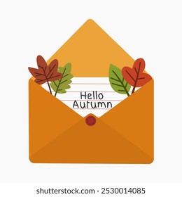 Hello autumn envelope with leaves vector illustration isolated on white background