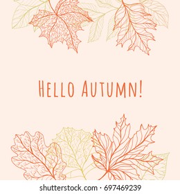 Hello autumn - fall background with hand drawn vector autumn leaves