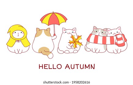 Hello autumn. Fall collection of cute fat cats in scarves, raincoat, with umbrella and maple leaf. Set of lovely cats in kawaii style. Vector illustration EPS8