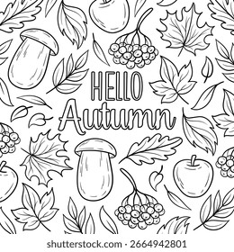Olá outono outono coloração página, bem-vindo novo cartão de temporada. Garatujas de outono vetoriais. Line art outono clip art. Colorir página do livro com citação preto e branco caligrafia letras com desenhos fofos