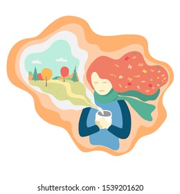 Hello autumn or Fall concept. red haired woman holding a cup of coffee, tea or cacao in her hand and dreaming about cozy autumnal nature. Vector Cozy hygge lifestyle illustration. abstract autumn card