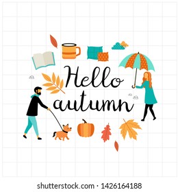 Hello autumn. Fall concept. Scandinavian style. Cute vector card with cozy autumn elements.  Woman with umbrella, man and dog.