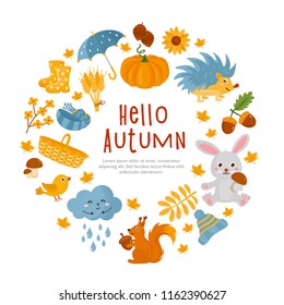 Hello Autumn! Fall greeting card. Illustration with a autumn objects. Frame with leaves, harvest and animals. Happy Thanksgiving!