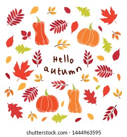 Hello autumn. Fall of hand drawn autumn leaves. Vector illustration.