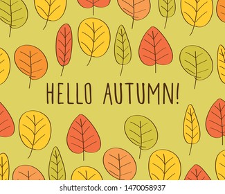 Hello autumn. Fall of hand drawn autumn leaves. Vector illustration.