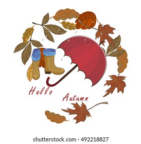Hello Autumn! Fall illustration with umbrella, and rain, leaves, umbrella, pools, rubber boots. Vector on a white background style.