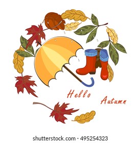 Hello Autumn! Fall illustration with umbrella, and rain, leaves, umbrella, pools, rubber boots. Vector on a white background style.