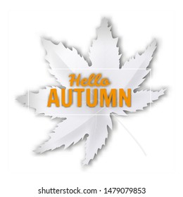 Hello Autumn fall leaf white monochrome. Autumn maple leaf isolated. Vector illustration