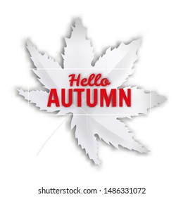 Hello Autumn fall leaf white monochrome. Autumn maple leaf isolated. Vector illustration