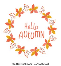 Hello Autumn fall leaf wreath vector. Fall season wreath with vibrant orange, yellow leaves and autumn text – perfect for invites, prints, and social posts.