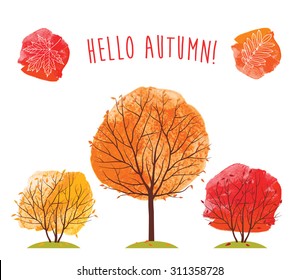 Hello Autumn! Fall Of The Leaves. Autumn Trees On An Orange, Red And Yellow  Watercolor Background. Sketch, Design Elements. Vector Illustration.