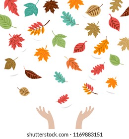Hello Autumn, fall season background. Hands of child playing with autumn leaves, vector illustration