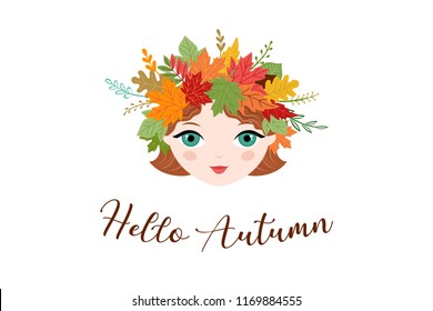 Hello Autumn, fall season background. Girl with circlet of autumn flowers and leaves, vector illustration