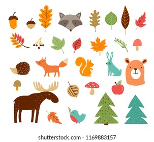 Hello Autumn, fall season collection of forest animals, elements and illustrations, stickers, icons