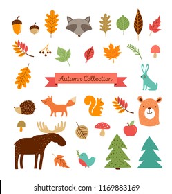Hello Autumn, fall season collection of forest animals, elements and illustrations, stickers, icons