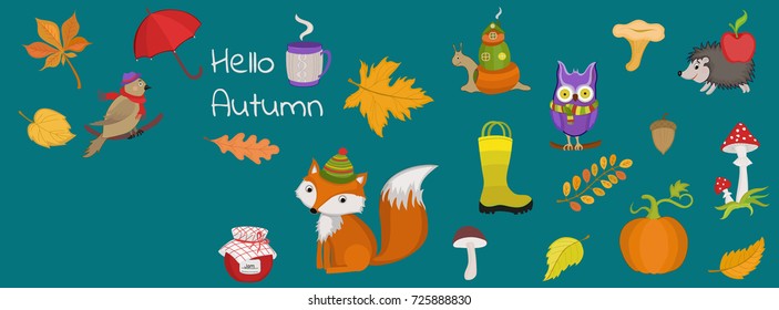 Hello autumn. Fall season. Set of cute autumn cartoon animals, plants and food.